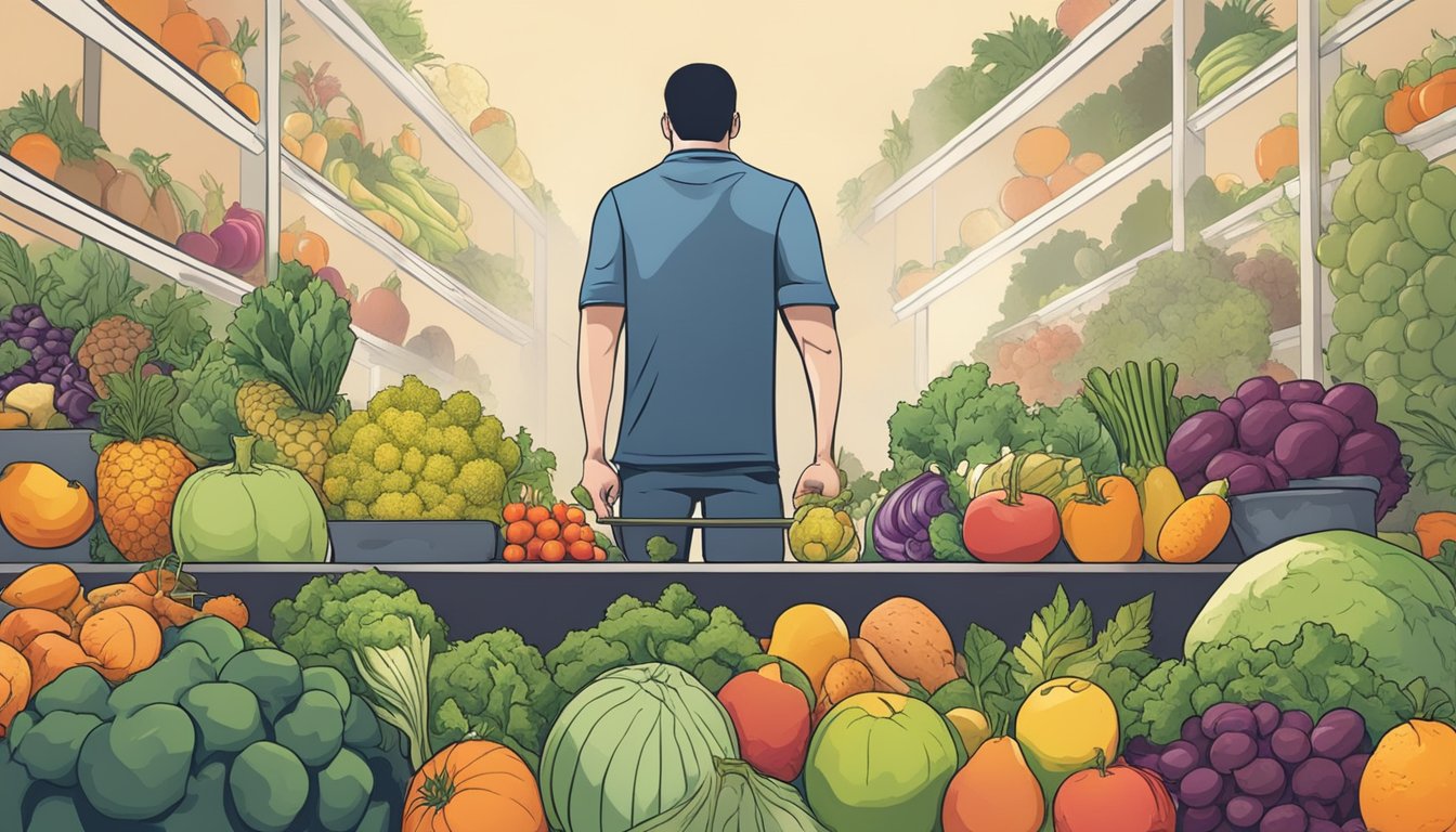 A confused person surrounded by various fruits and vegetables, while a menacing shadow looms over them, representing the misconception of woe in a carnivore diet