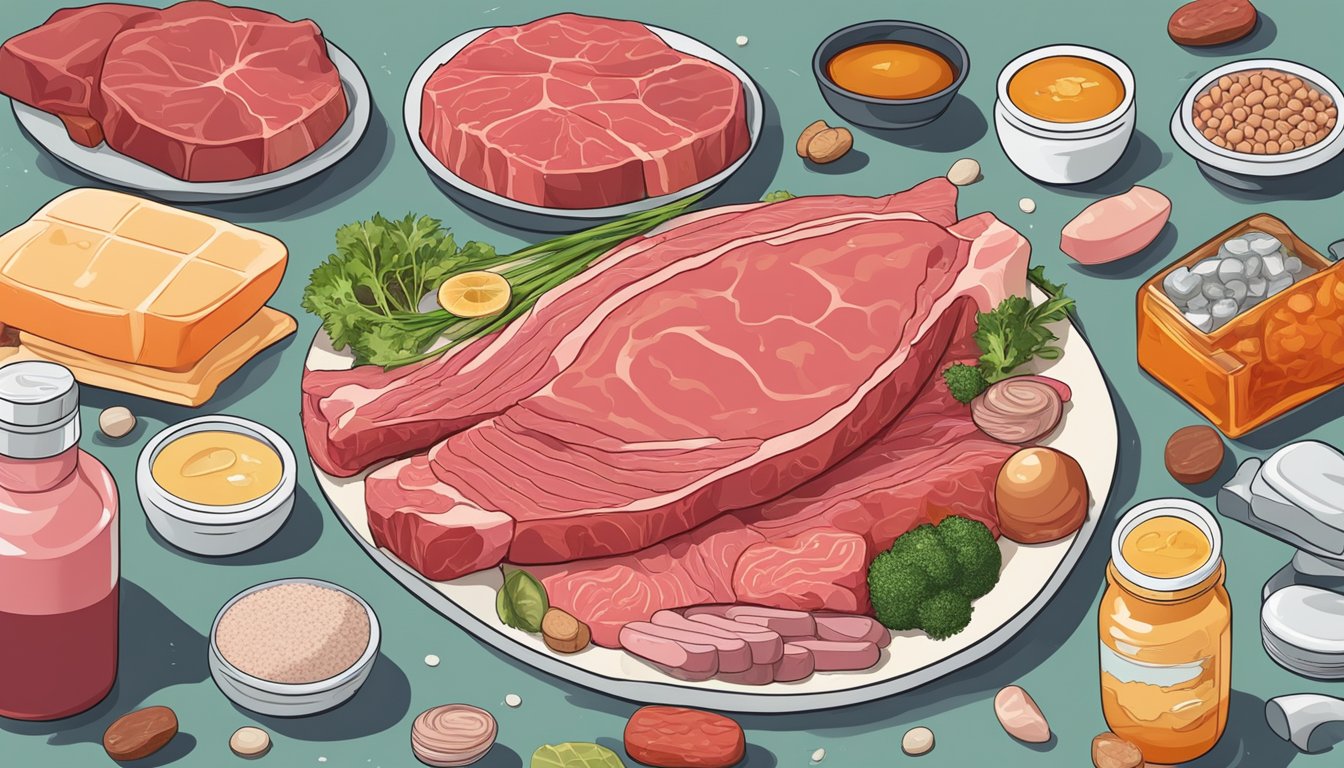 A pile of raw meat surrounded by various supplements and additions, such as bone broth, organ meats, and fish oil, with a perplexed expression