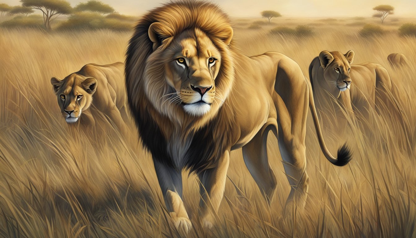 A lion prowls through a grassy savanna, its powerful muscles rippling as it stalks its prey. The carnivore's keen eyes lock onto a herd of antelope, ready to pounce and secure its next meal