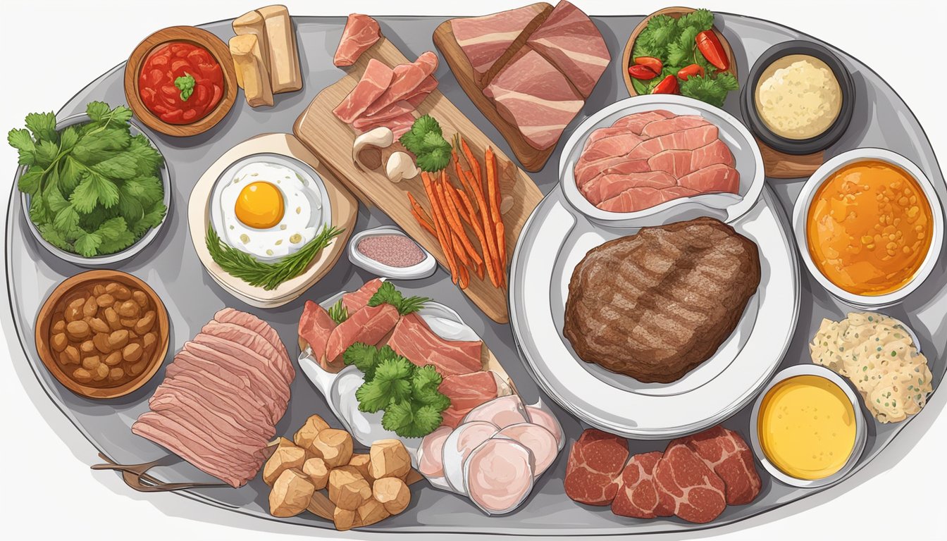 A plate with various meats and animal products, surrounded by approved condiments such as salt, pepper, and animal fats