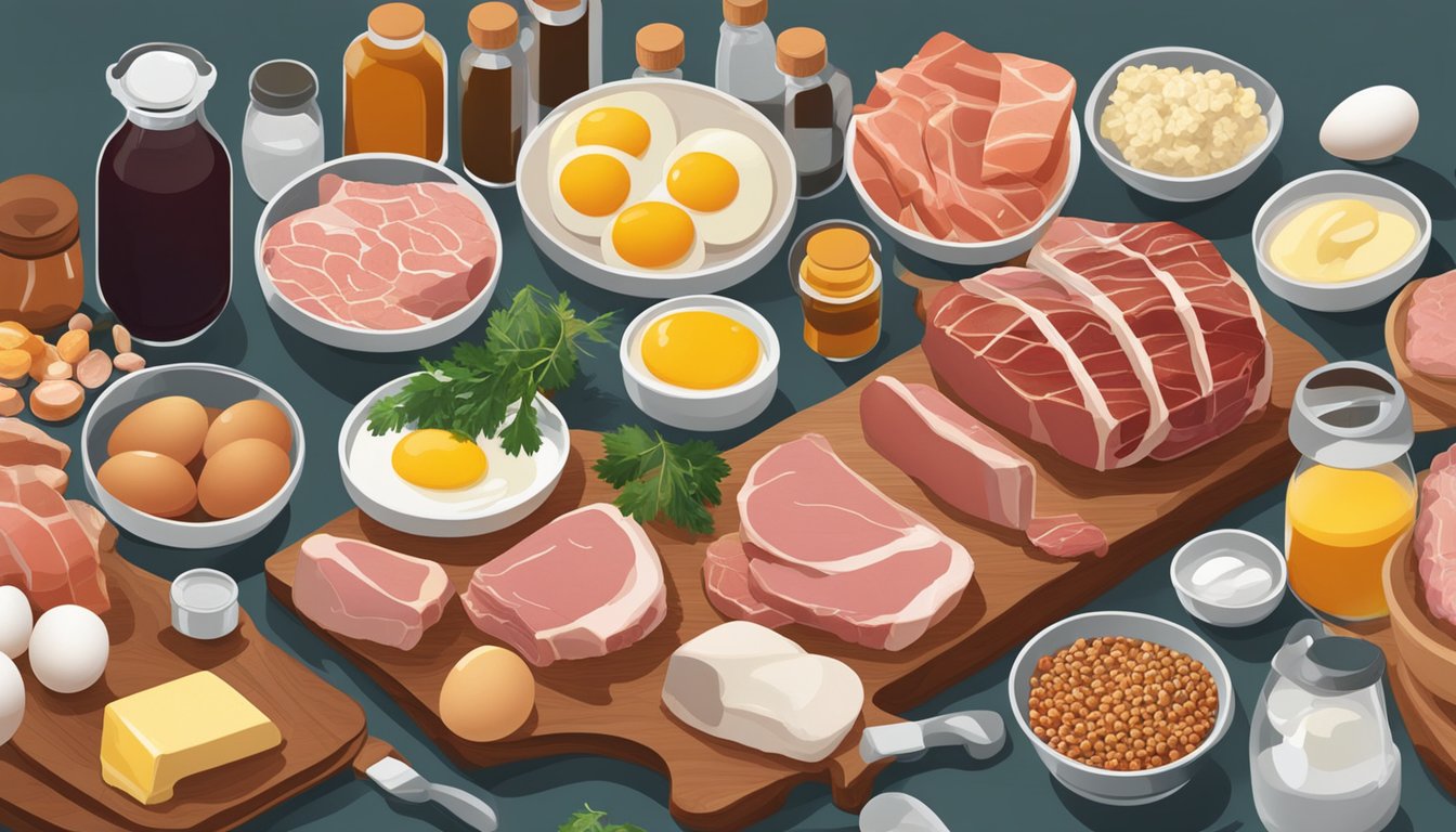 A table with various meats, eggs, and organ meats alongside bottles of vitamins and supplements