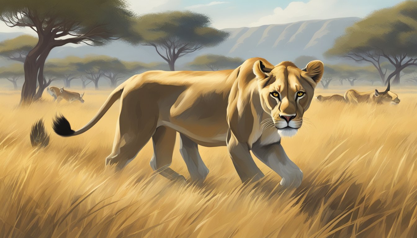 A fierce lioness prowling through a grassy savanna, eyes fixed on a herd of antelope, ready to pounce