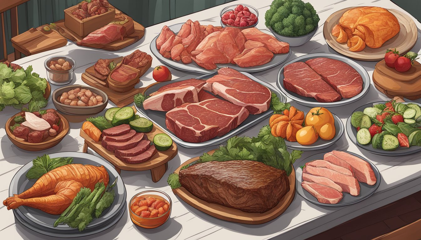 A table set with various types of meat, including steak, chicken, and fish, surrounded by fruits and vegetables left untouched