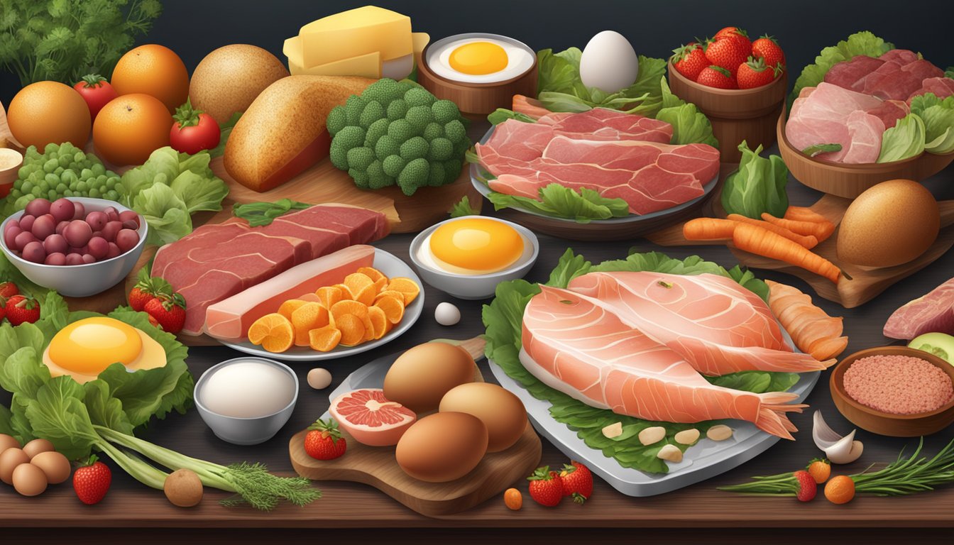 A table with a variety of meats, fish, and eggs surrounded by fruits and vegetables