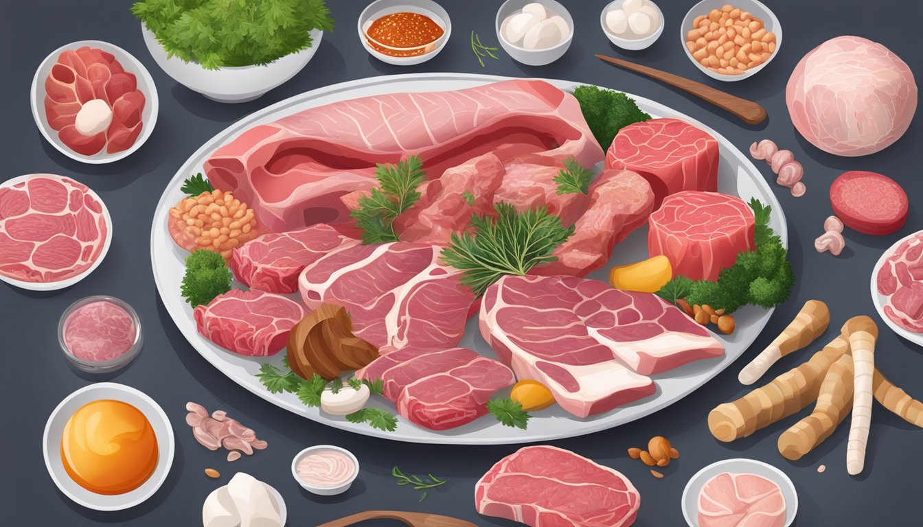 A variety of raw meat, bones, and organs arranged on a plate