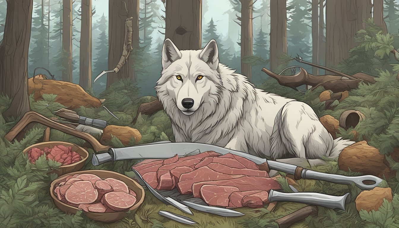 A wolf surrounded by raw meat, bones, and hunting tools in a forest clearing