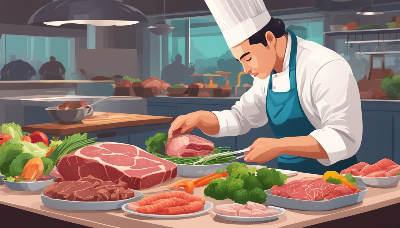 A table with various raw meats (beef, chicken, fish) and vegetables, a chef preparing a meal, and a person eating a plate of cooked meat