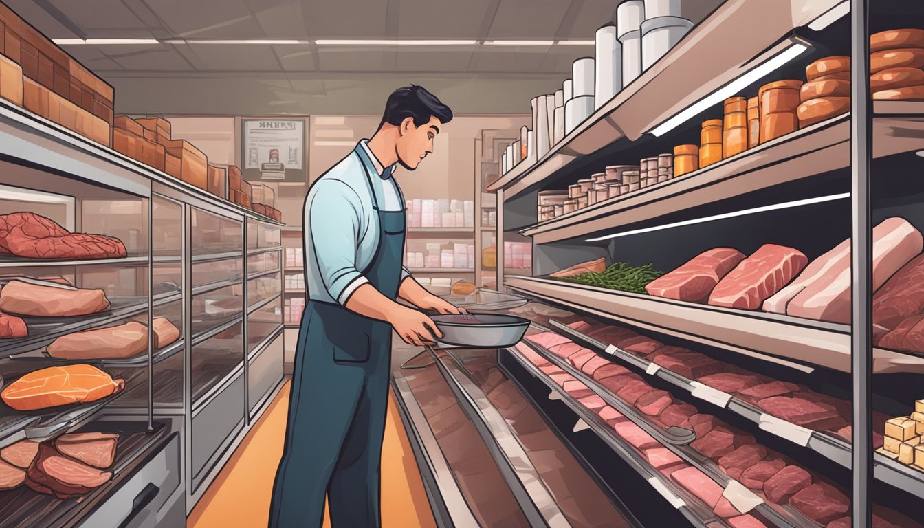 A butcher selecting cuts of meat while shelves display various supplements for a carnivore diet