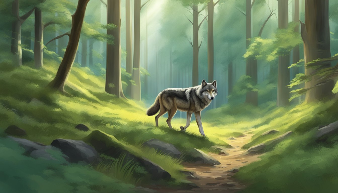 A wolf stalking through a lush, green forest, its sharp eyes fixed on a herd of deer grazing peacefully in a clearing