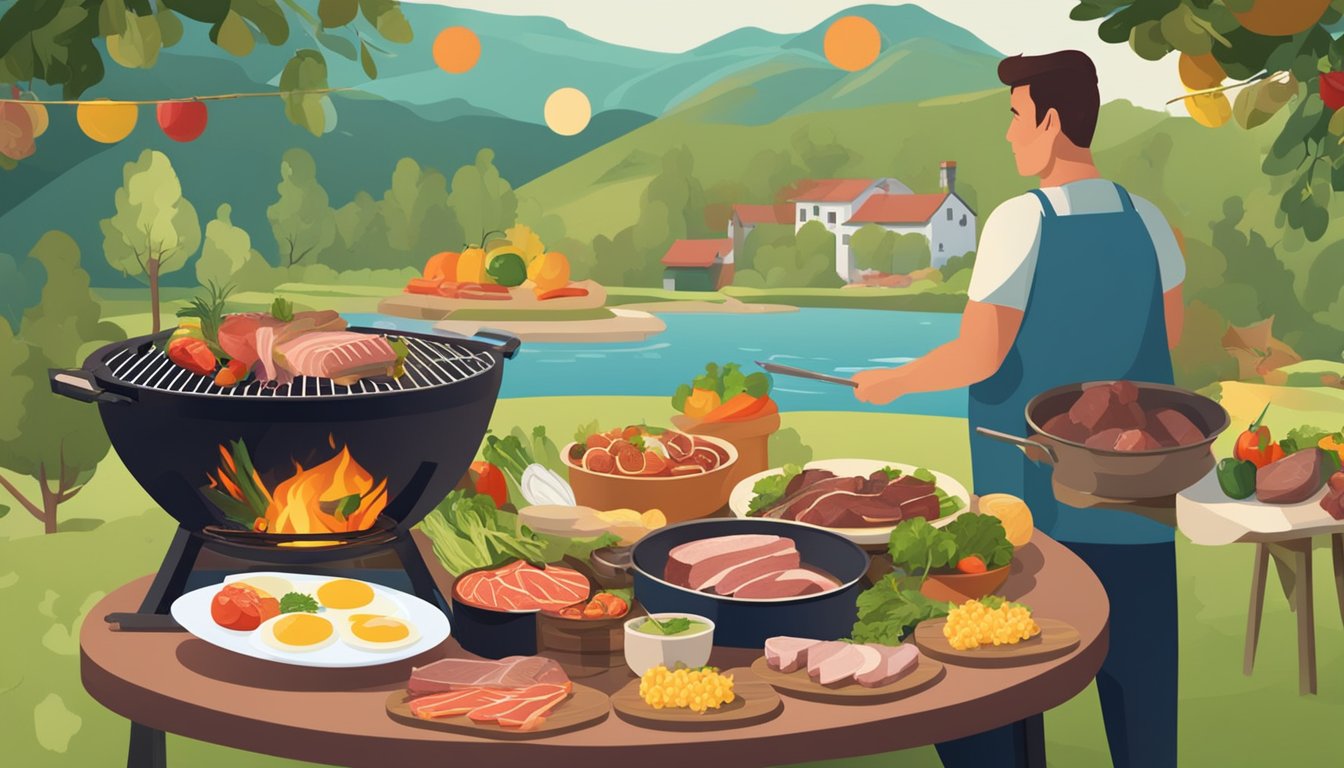 A table with various meats, fish, and eggs surrounded by fresh vegetables and fruits. A person cooking meat on a grill with a fire pit in the background