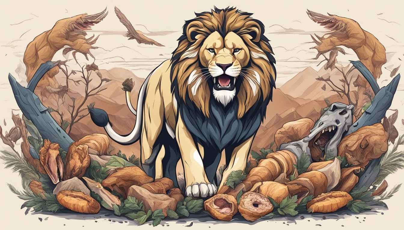 A roaring lion surrounded by fresh meat and bones