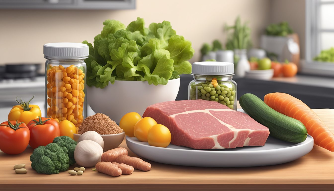 A variety of vitamins and supplements arranged on a kitchen counter next to a plate of raw meat and vegetables