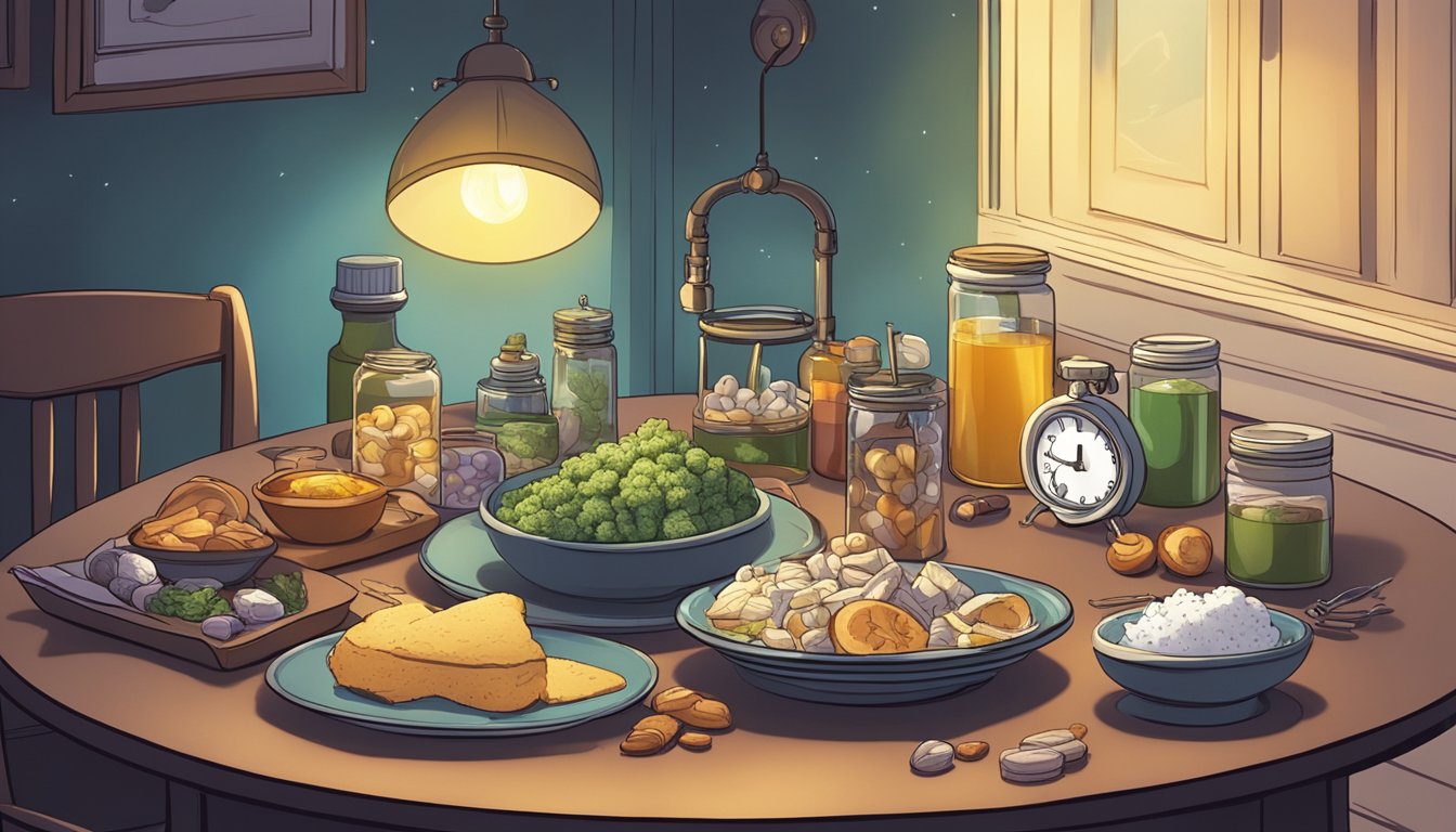 A table with various supplements and a plate of carnivorous foods, surrounded by a peaceful bedroom setting with a dimly lit lamp and a clock showing bedtime