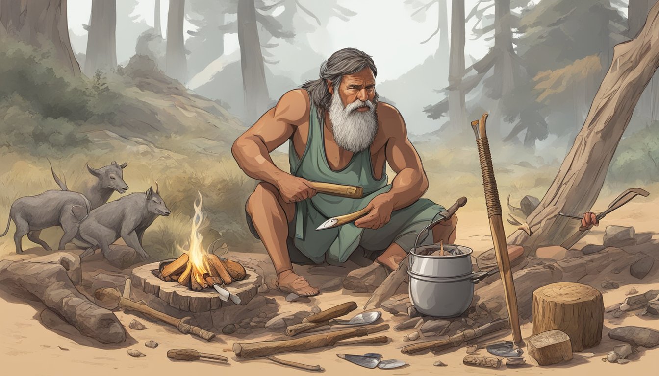 A prehistoric hunter-gatherer roasting meat over an open flame, surrounded by tools and animal bones