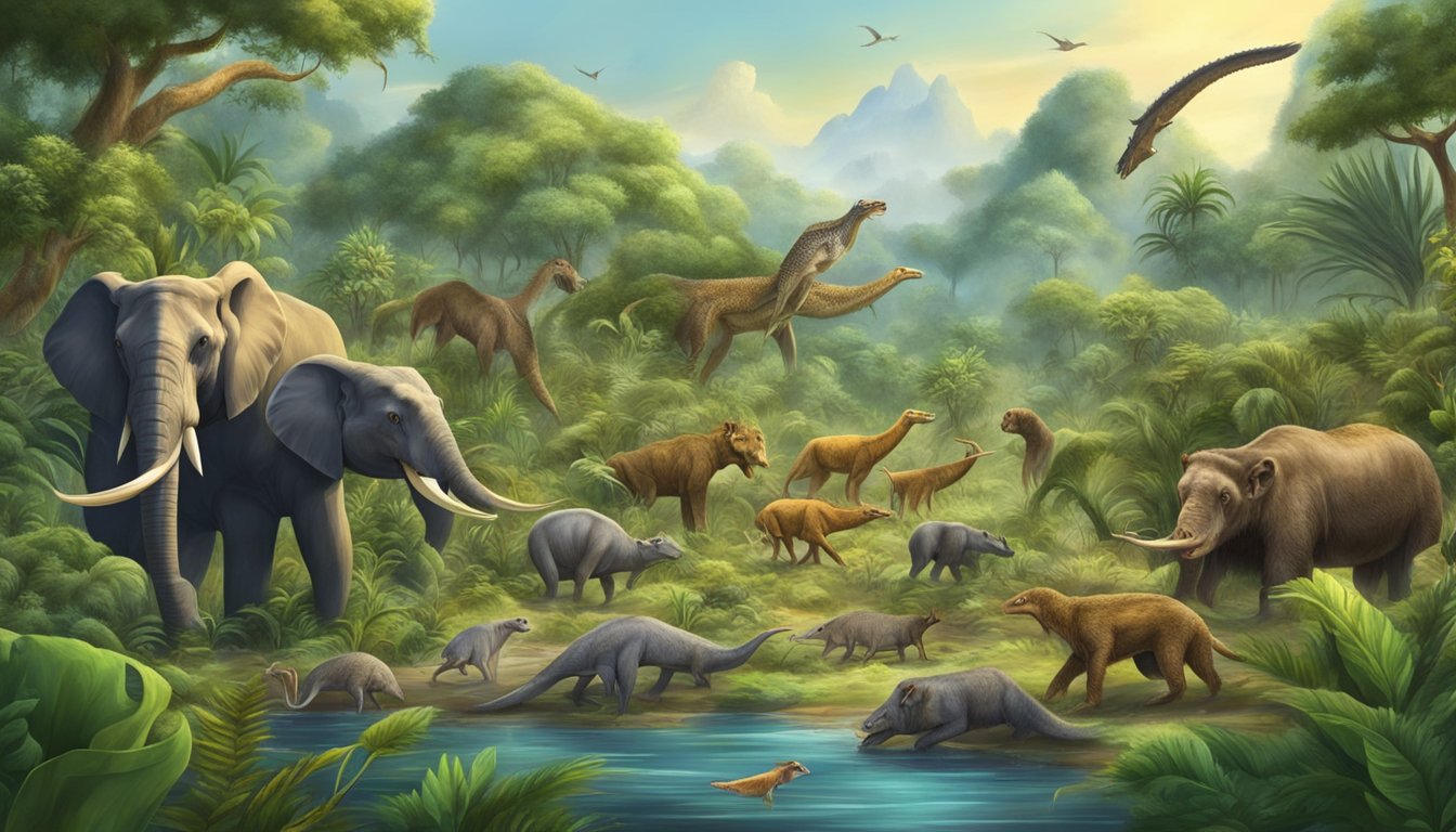 A prehistoric landscape with a variety of carnivorous animals hunting and consuming their prey, surrounded by lush vegetation and a diverse ecosystem