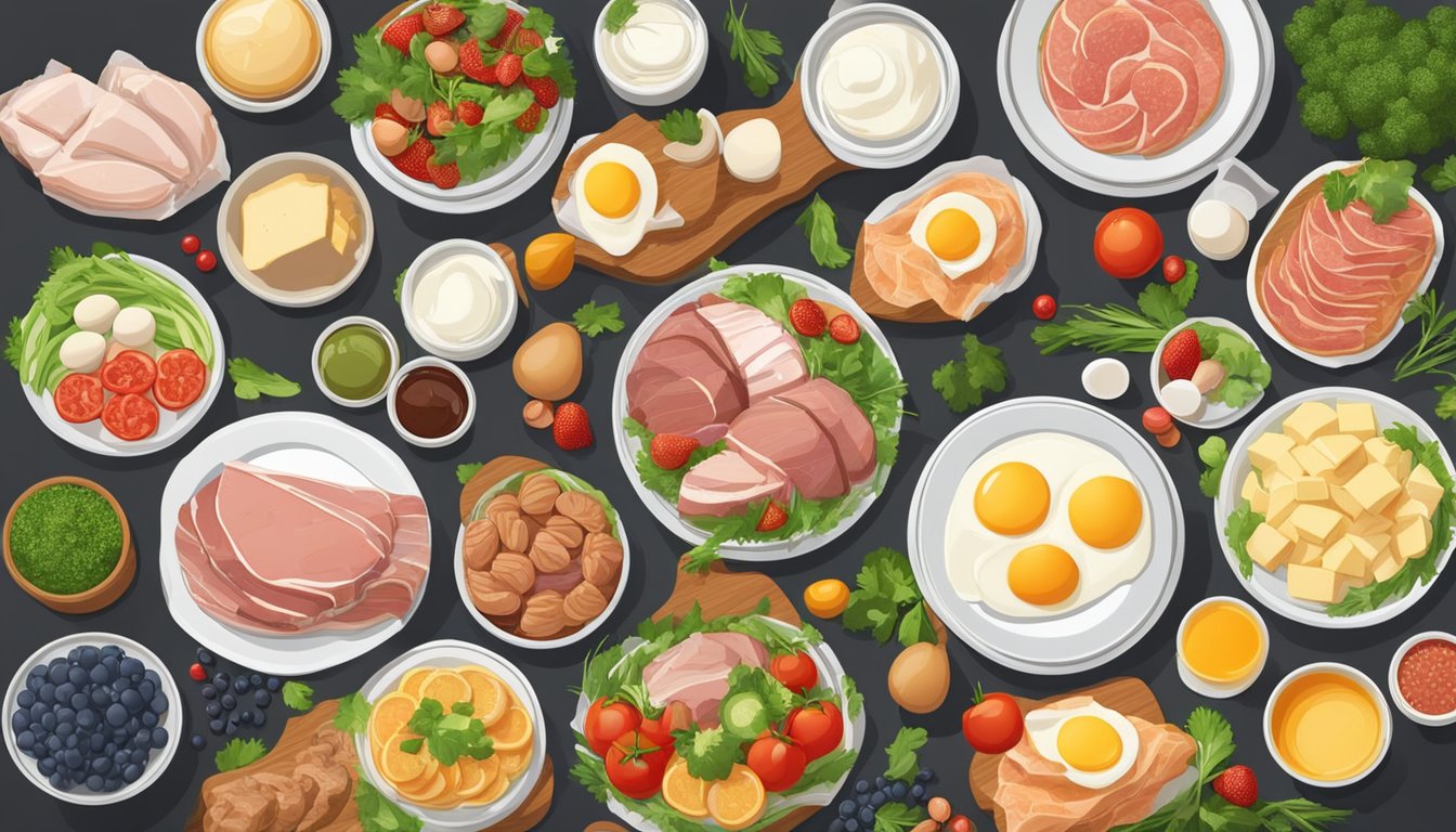 A table with a variety of meats, fish, eggs, and dairy products arranged neatly on plates, surrounded by fresh vegetables and fruits