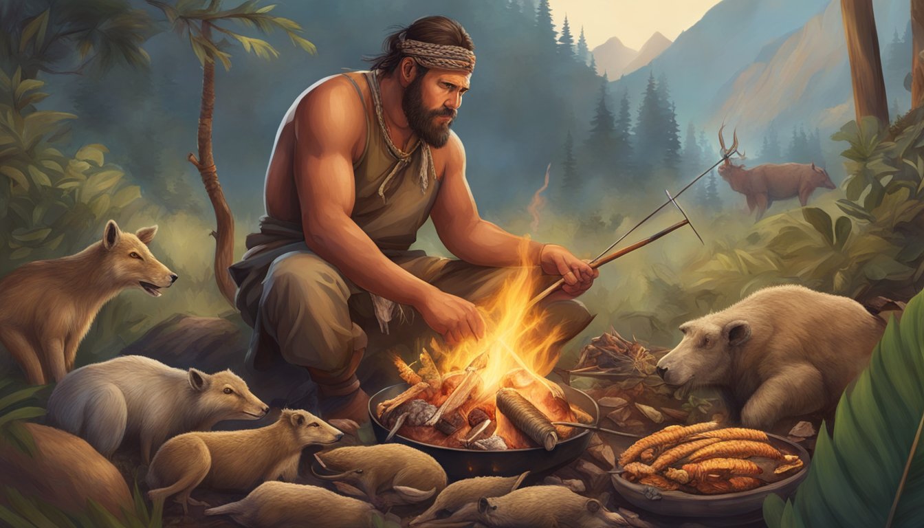 A prehistoric hunter-gatherer roasting meat over an open flame, surrounded by various types of animal carcasses and fresh vegetation