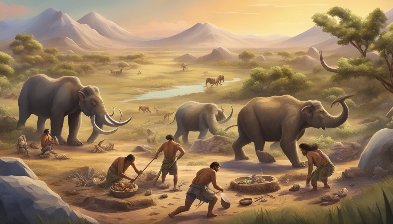 A prehistoric scene with early humans hunting and consuming raw meat, surrounded by tools and evidence of scientific exploration