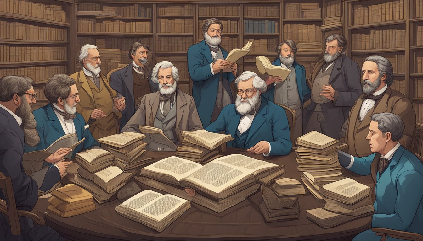 A group of historical figures debating the origins of the carnivore diet, surrounded by stacks of ancient texts and scientific journals