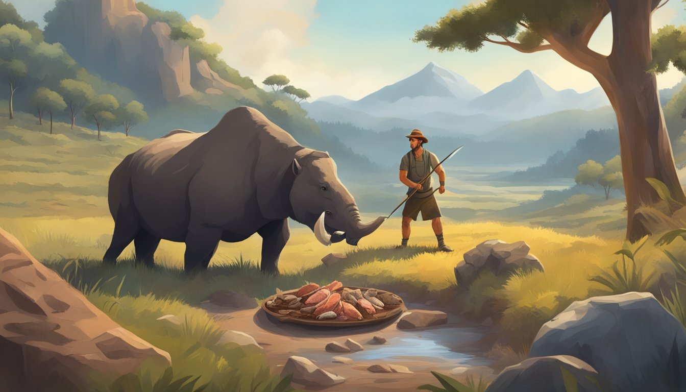 A prehistoric hunter gathers meat from a freshly killed animal, surrounded by a diverse landscape