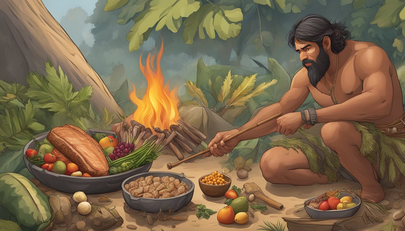 A prehistoric hunter-gatherer roasting meat over an open flame, surrounded by a variety of fruits, vegetables, and grains