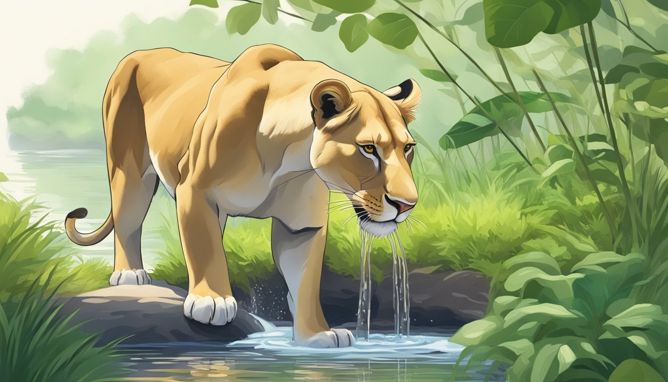 A lioness drinks from a clear stream, surrounded by lush green vegetation. She carefully sniffs and filters the water before lapping it up