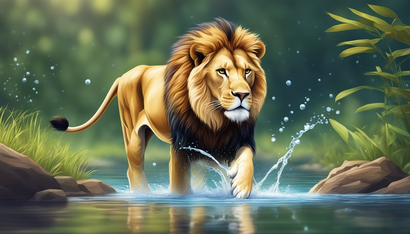 A lion drinks from a clear, flowing stream, while small particles and impurities are filtered out, leaving behind clean, pure water