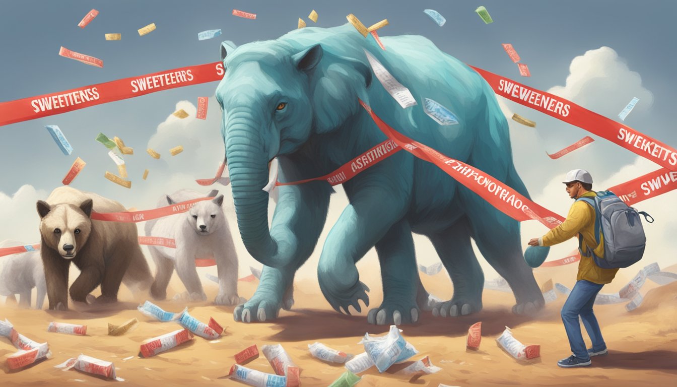 A group of carnivores turning away from a pile of artificial sweeteners, with warning signs and red tape surrounding the area