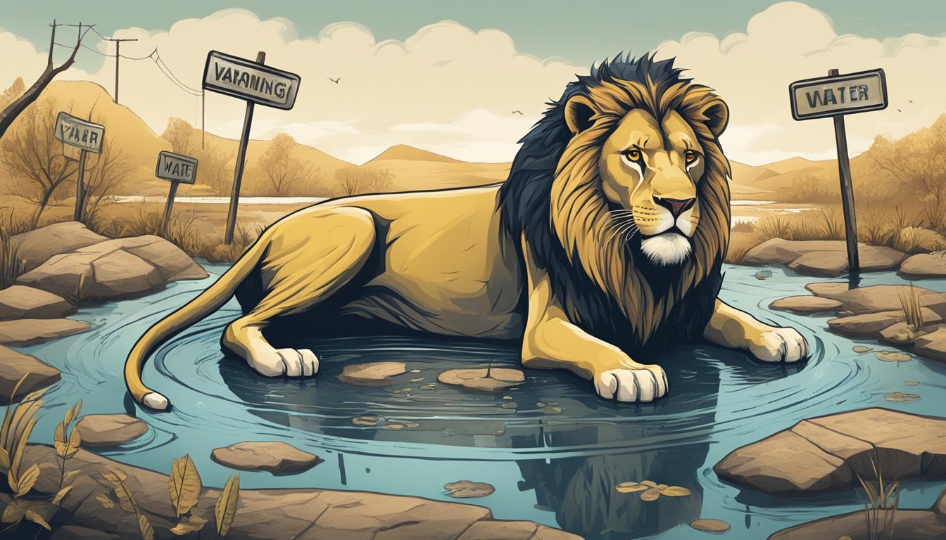 A lion drinking from a murky pond, surrounded by warning signs and symbols of contaminated water