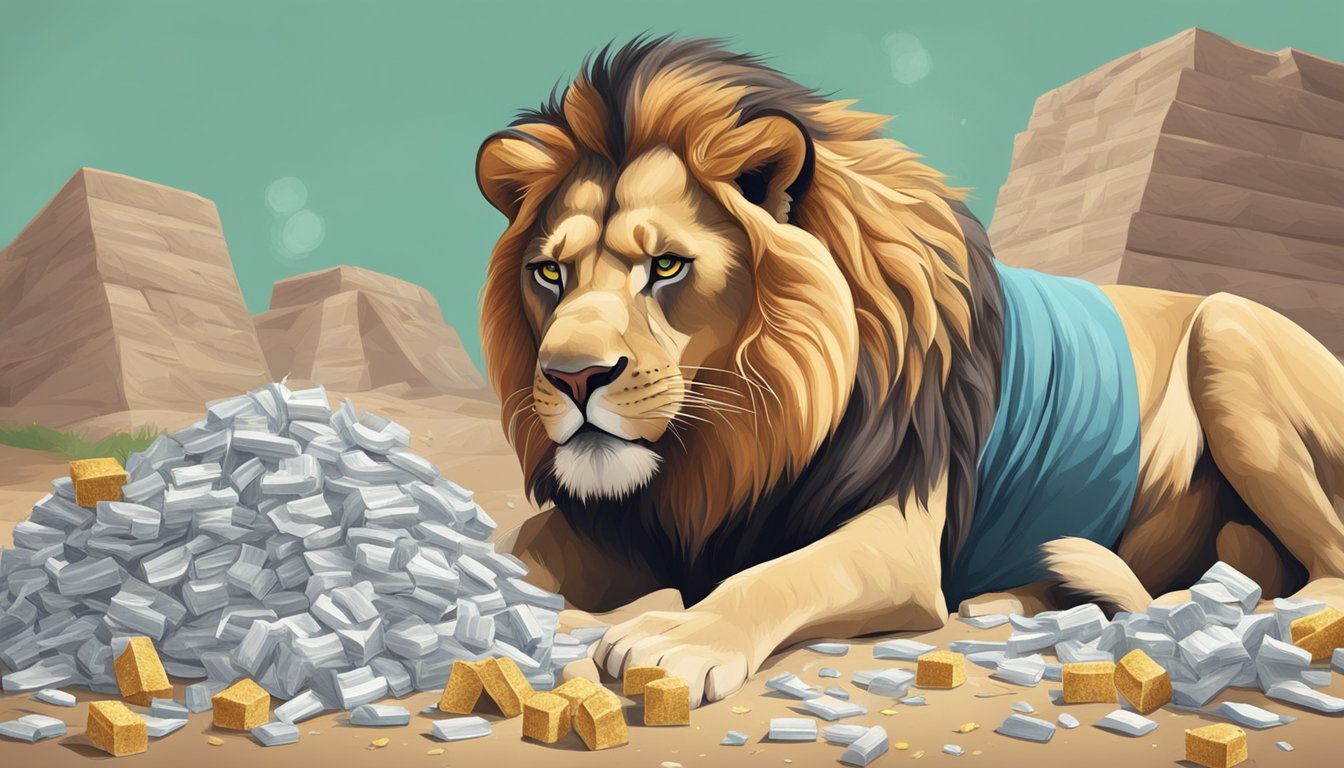 A lion turning away from a pile of artificial sweeteners, with a disgusted expression, while a healthy prey animal grazes nearby