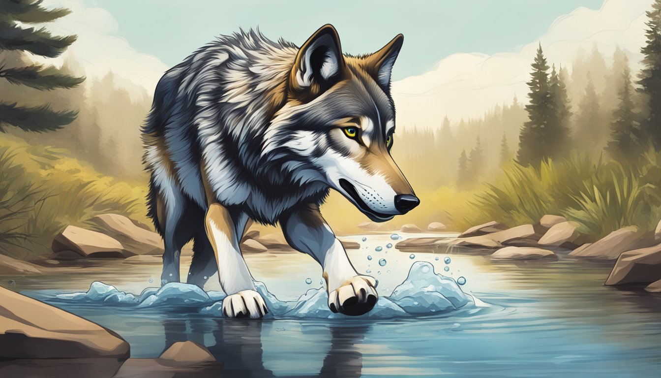 A wolf lapping up water from a clear, running stream, with a filter device in the background