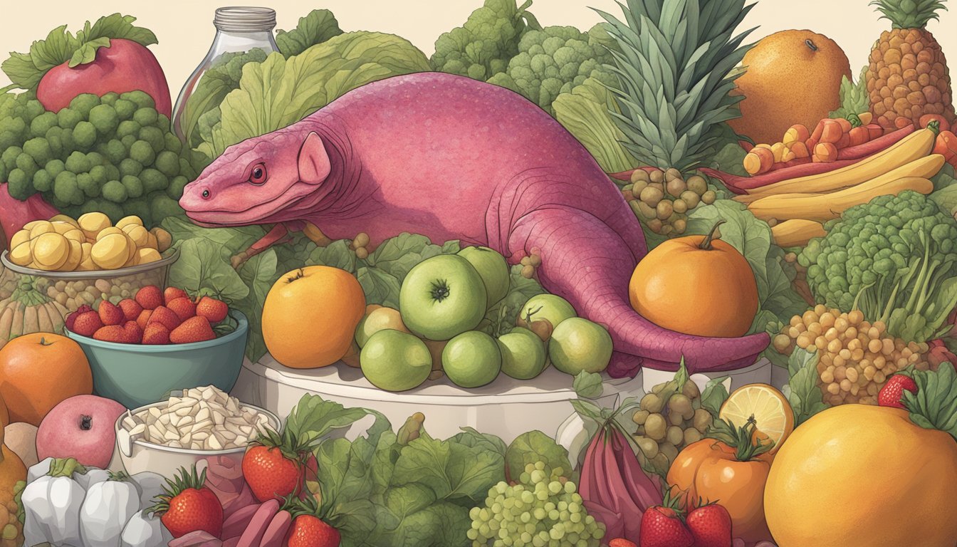 A carnivorous animal turning away from a pile of artificial sweeteners, while being surrounded by natural, whole foods like fruits, vegetables, and lean meats