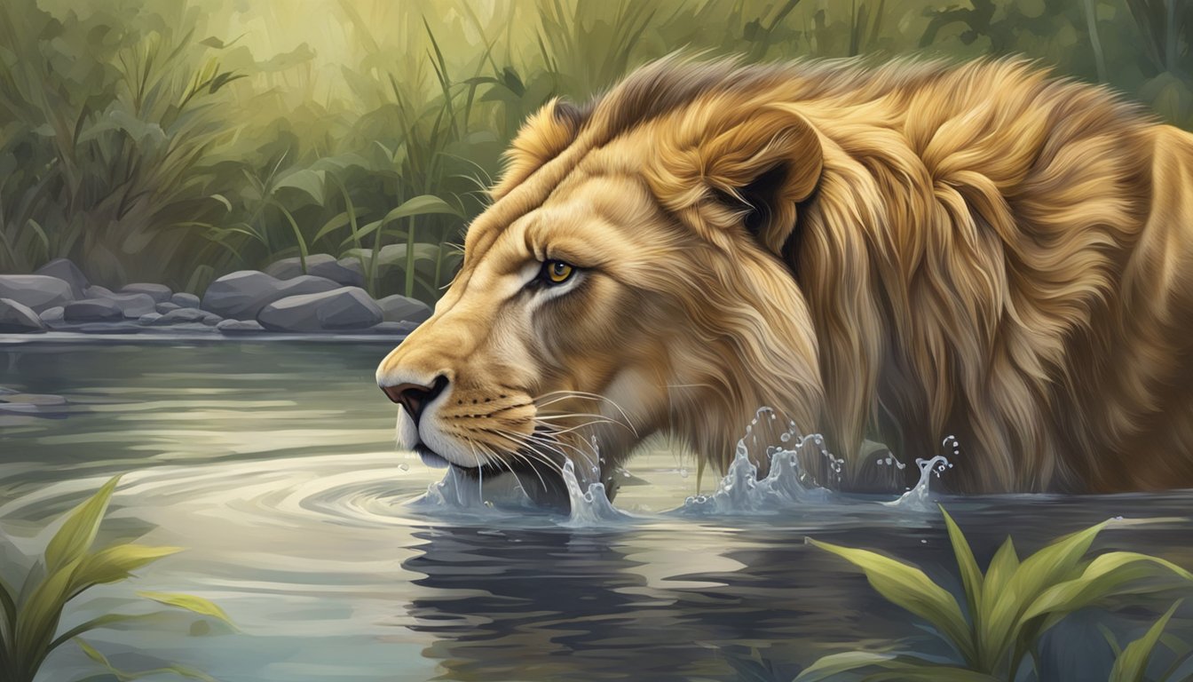 A lion drinks from a clear stream, filtering water through its teeth