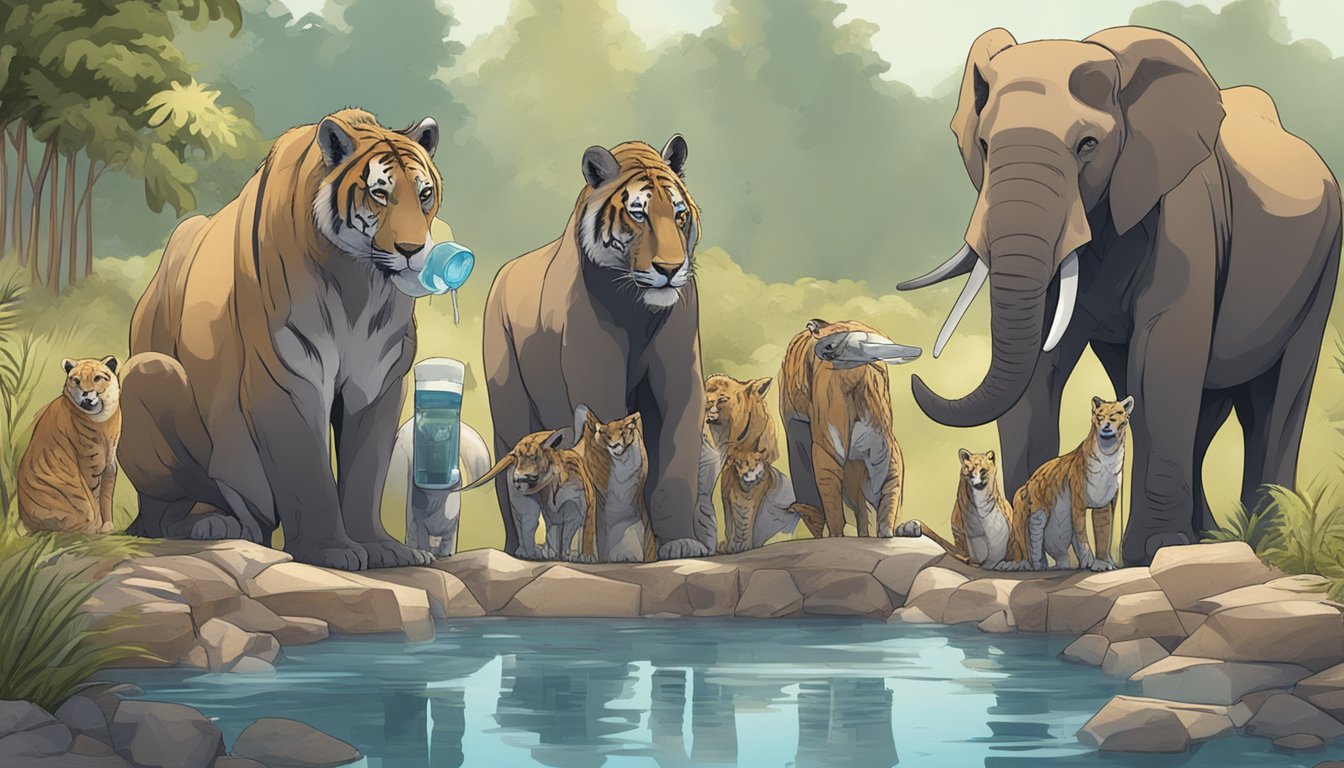 A group of carnivores gather around a communal water source, hesitating to use hand sanitizers before drinking