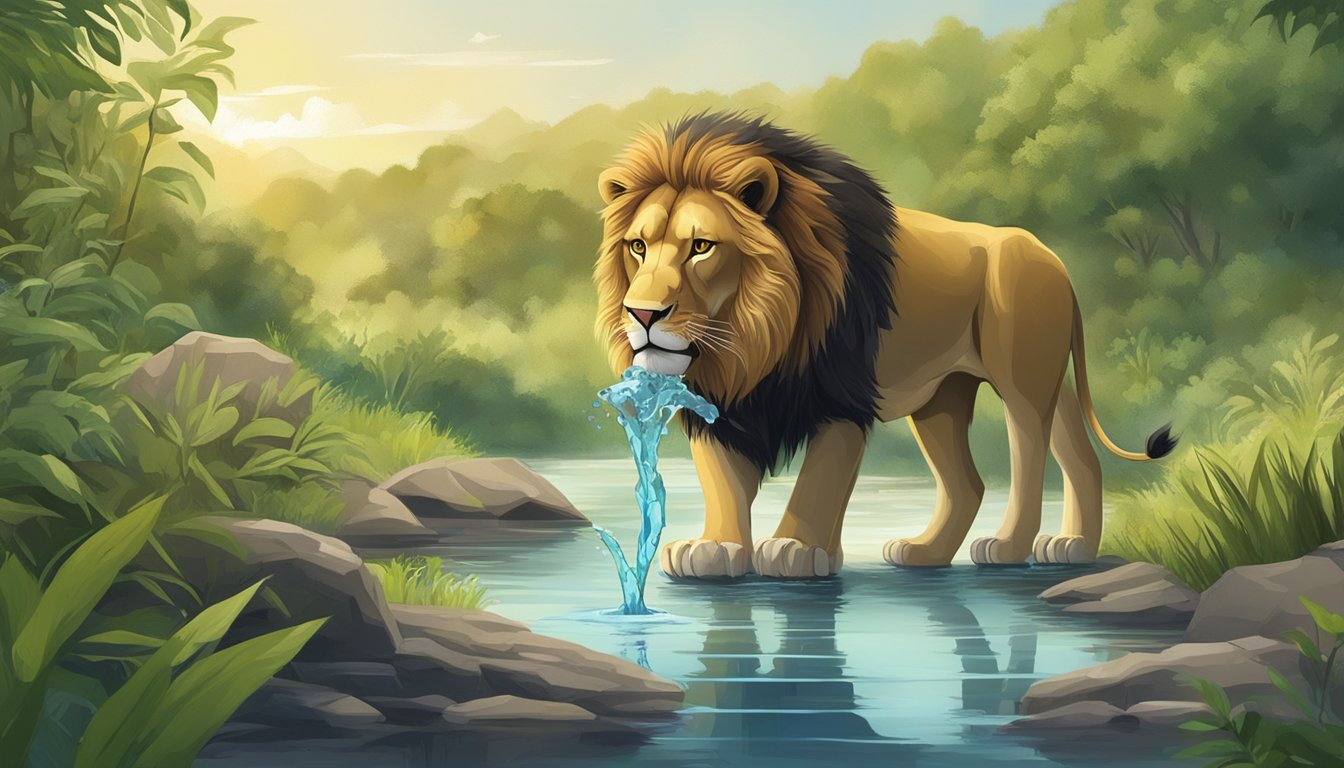 A lion drinks from a polluted river while a nearby clean water source is filtered by vegetation