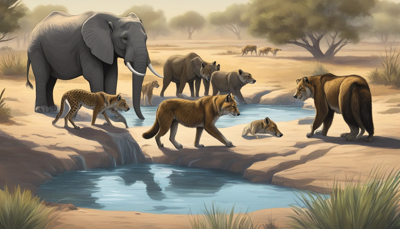 A pack of wild carnivores gather around a watering hole, avoiding a nearby bottle of hand sanitizer