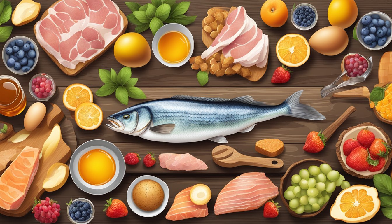 A variety of meats, fish, and eggs displayed on a wooden table, surrounded by vibrant fruits, honey, and sugar, with a clear divide between the two groups