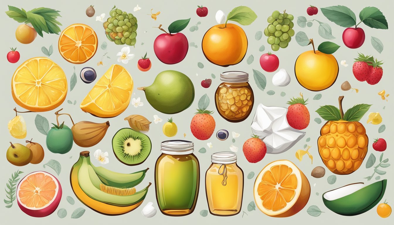 A variety of fruits, honey, and white sugar surrounded by crossed-out symbols and a carnivorous animal