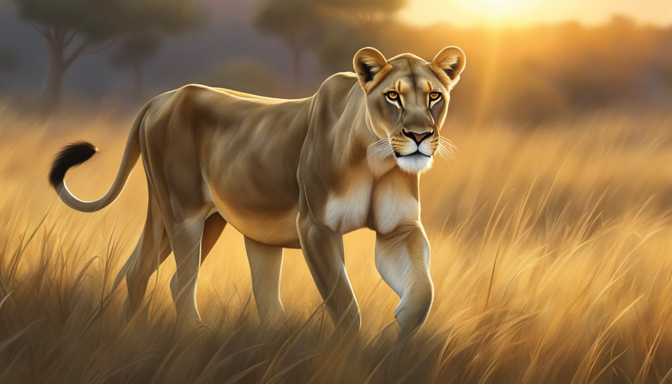 A lioness prowls through a grassy savanna, stalking a herd of antelope. The sun sets behind her, casting a warm glow on her sleek, powerful form