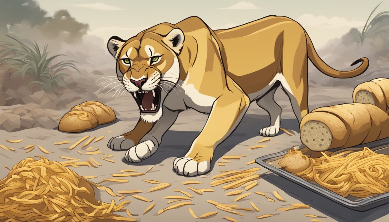 A fierce lioness snarling at a pile of bread, pasta, and rice, while a fresh kill lies nearby, untouched