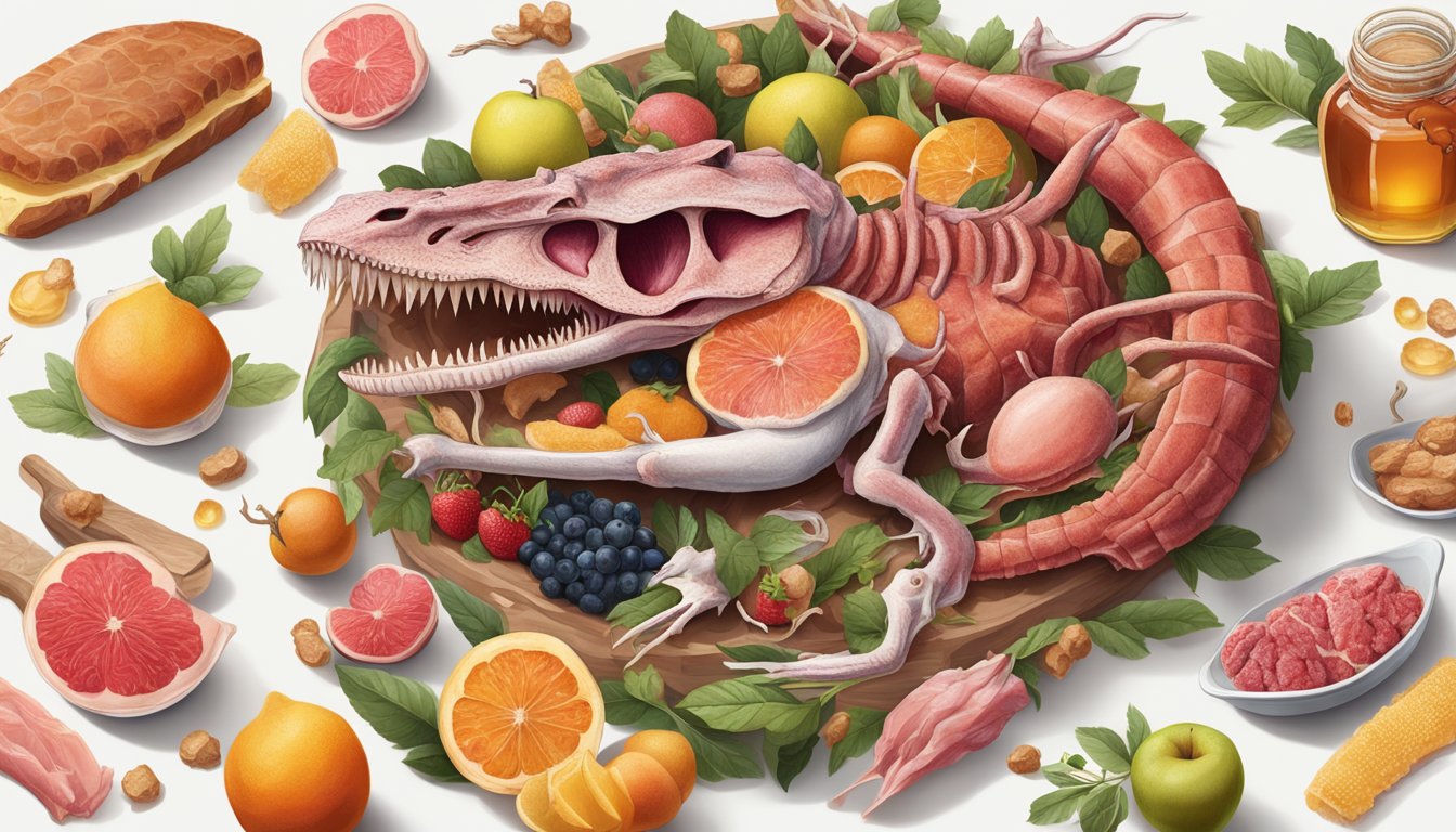 A carnivorous animal surrounded by meat, bones, and organs, with fruit, honey, and white sugar pushed away