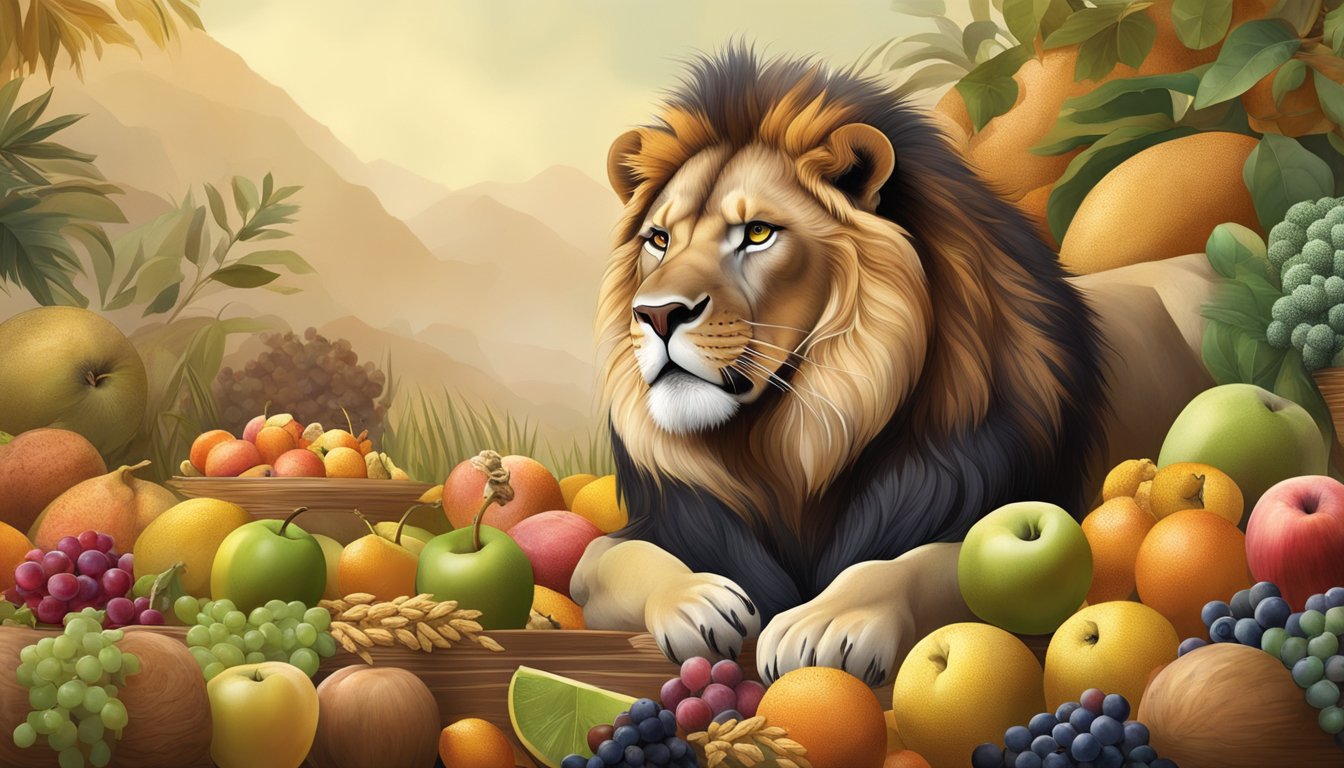 A roaring lion surrounded by piles of fruit and grains, but turning away to hunt for meat