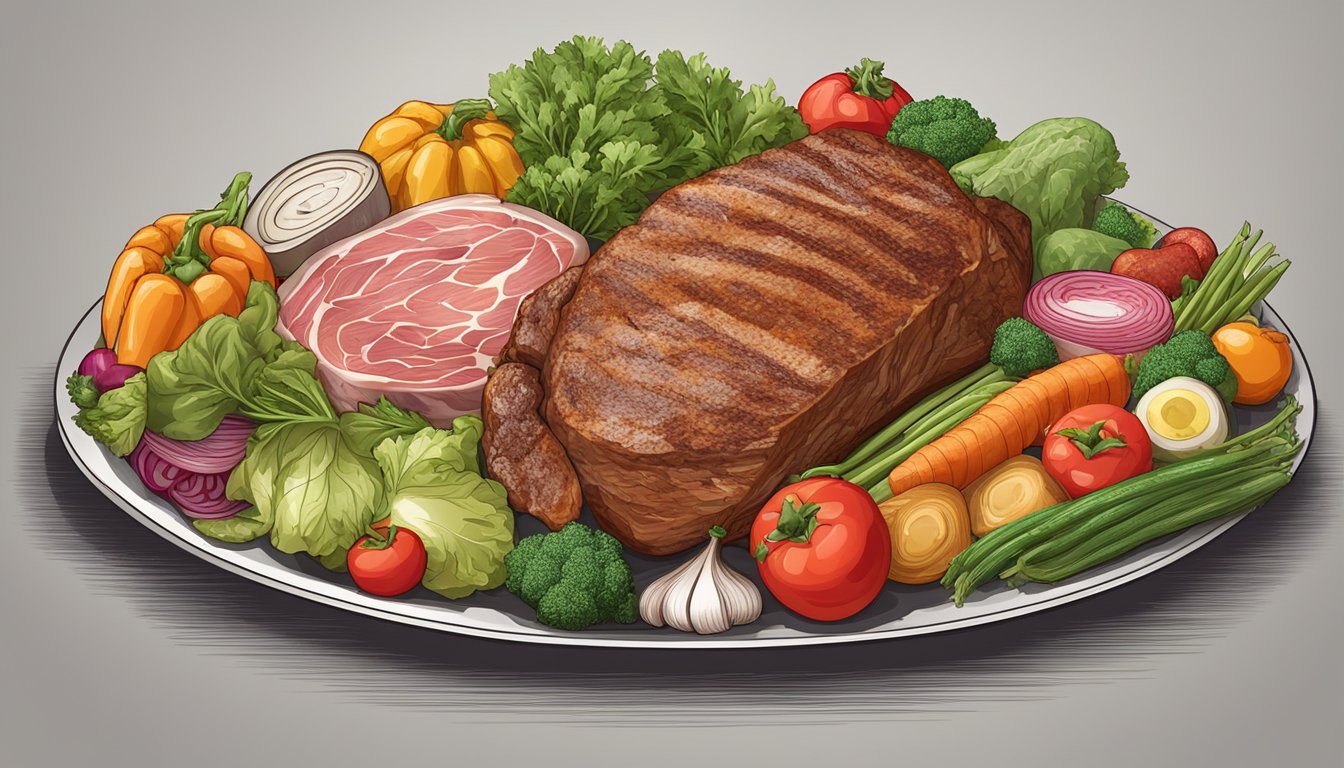 A large, meat-filled plate surrounded by a variety of fresh, colorful vegetables, with a clear divide between the two food groups