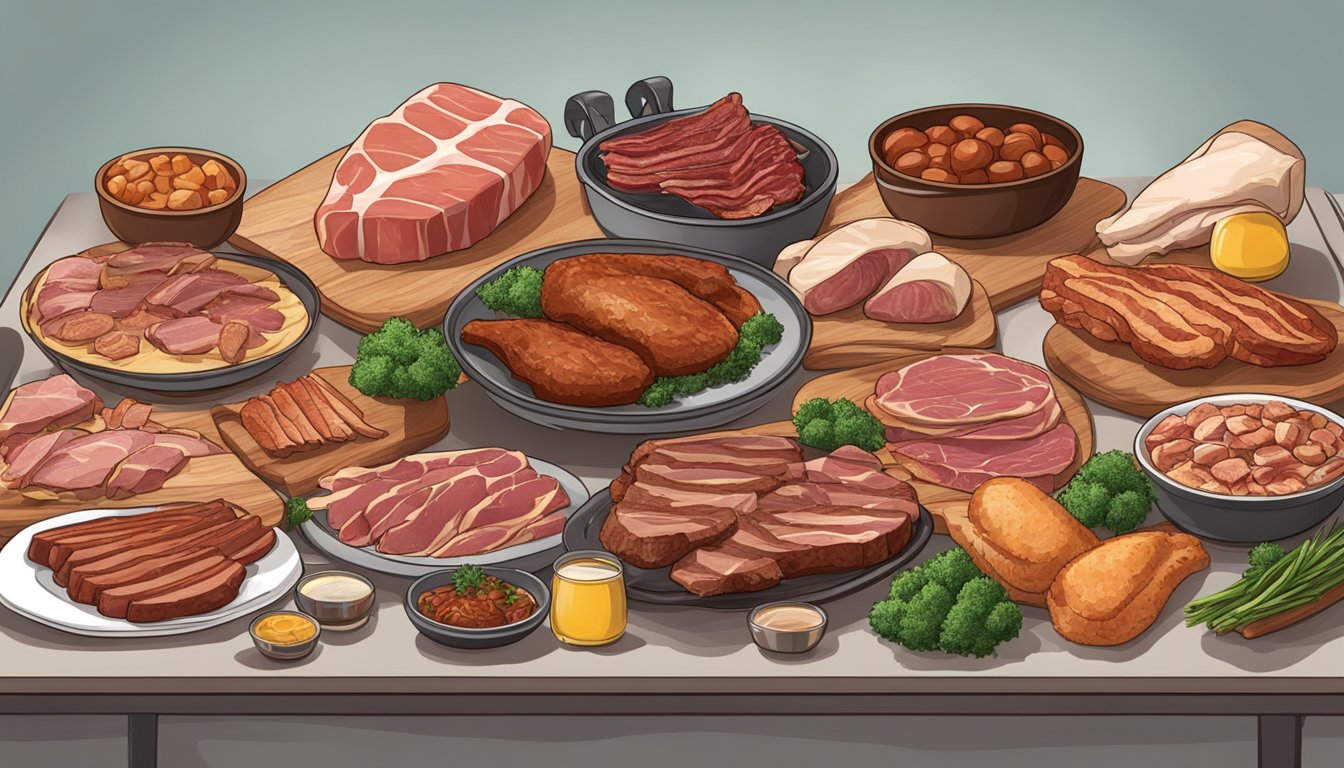 A table with a variety of meats including steak, bacon, and chicken. No vegetables in sight