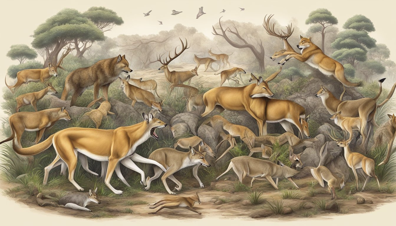 A variety of carnivorous animals hunting and consuming whole prey, such as wolves taking down a deer or a lioness catching a gazelle