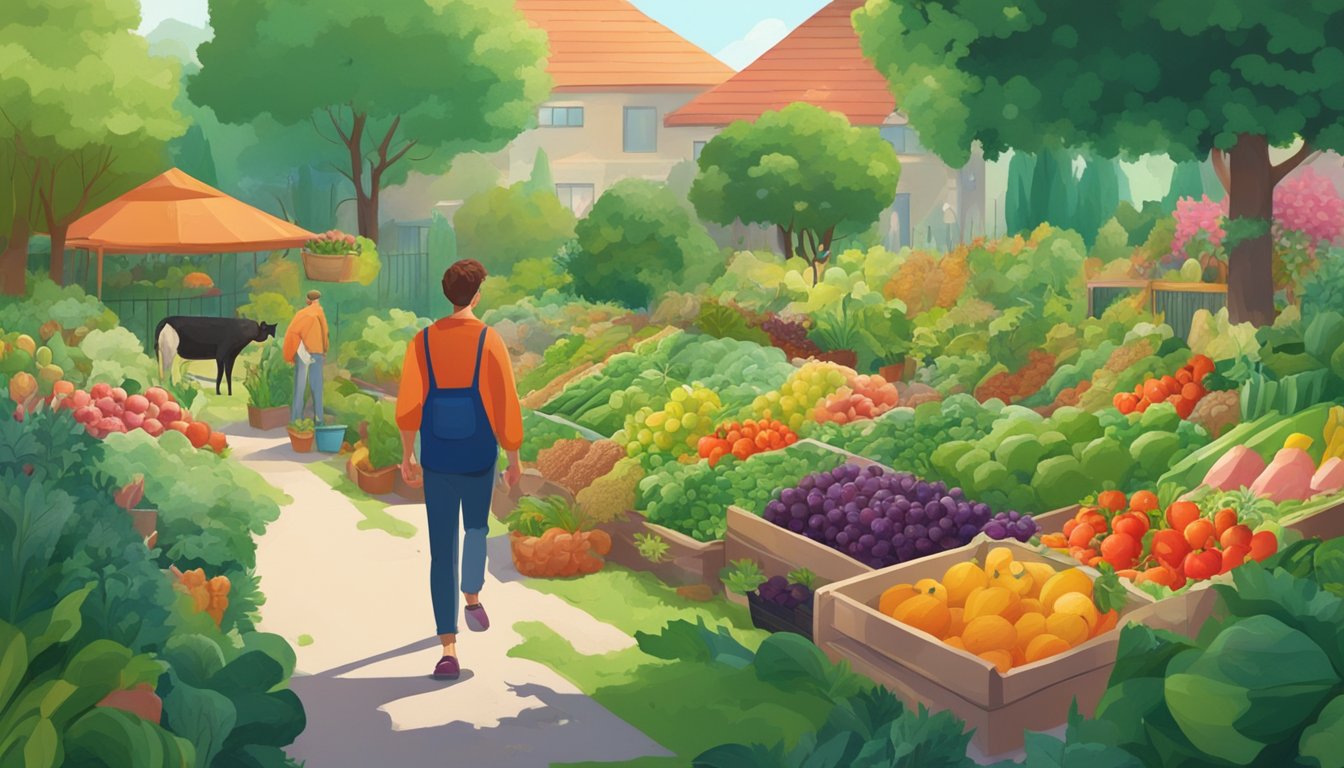 A lush green garden with a variety of fruits, vegetables, and grains growing abundantly, while a person walks away from a pile of meat and dairy products