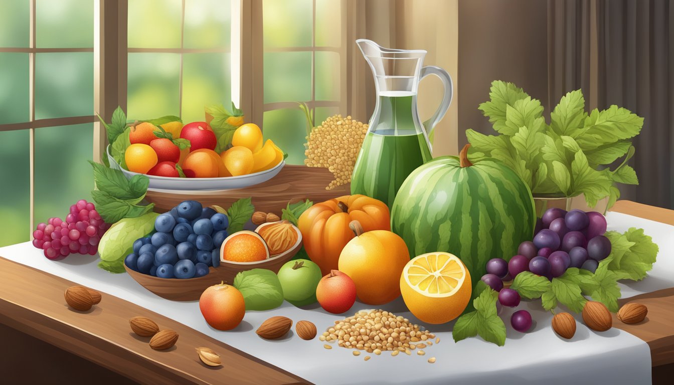 A table with a variety of colorful fruits, vegetables, grains, and nuts, with a glass of water