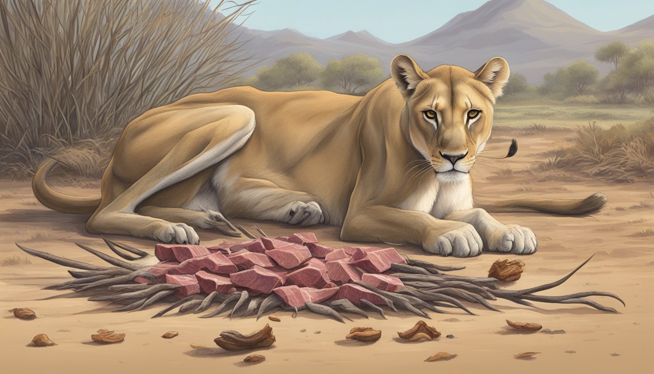 A lioness turning away from a skinny gazelle carcass, with a pile of rotting meat nearby