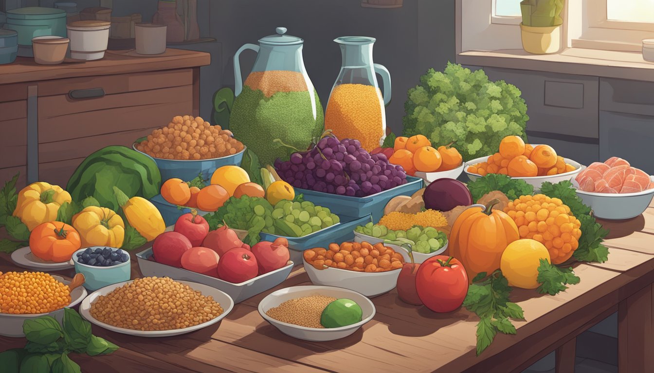 A table piled with various fruits, vegetables, and grains, while a plate of meat sits untouched. A person walks away from the table, shaking their head