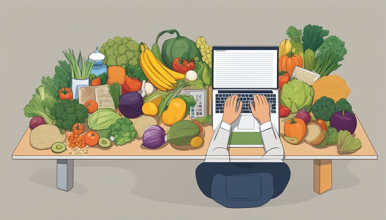 A table piled with fruits, vegetables, and whole grains, surrounded by medical pamphlets and a concerned person looking up information on a laptop